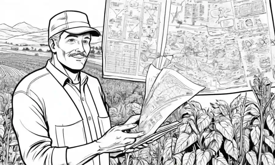 El agricultor sostiene un cultivo con diagramas y notas científicas en el fondo.