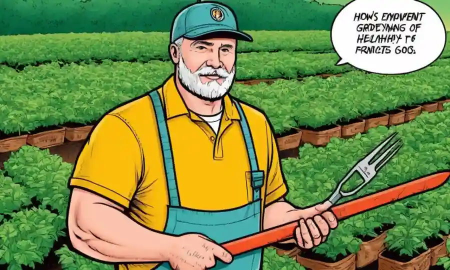 Especialista agrícola con una herramienta de jardinería frente a filas de plantas sanas con signos mínimos de escelerosis.