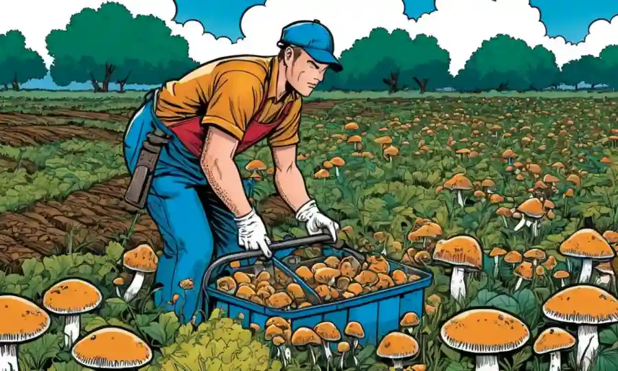 Los trabajadores agrícolas cosechan hongos en un campo, con equipos y herramientas de cosecha cerca.