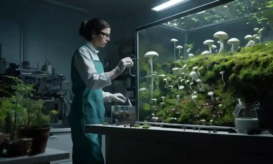 Person planting hongus spores into a controlled environment terrarium in a home laboratory setup.