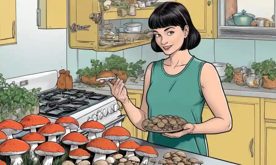 Una persona que sostiene un hongo en una cocina, con ilustraciones y texto proporcionando información sobre hongos simbióticos.