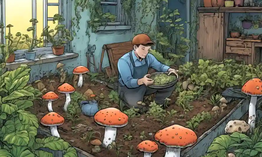 Una persona que trabaja en un jardín en casa entre el crecimiento de setas simbióticas.