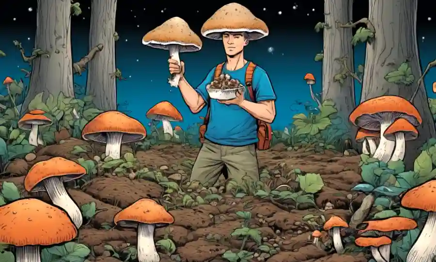 Persona que sostiene un contenedor de cultivo de hongos rodeado de suministros necesarios como hongos de ostra y sustrato.