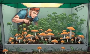 Persona mirando setas creciendo en una caja de cultivo casera.