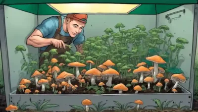 Persona mirando setas creciendo en una caja de cultivo casera.