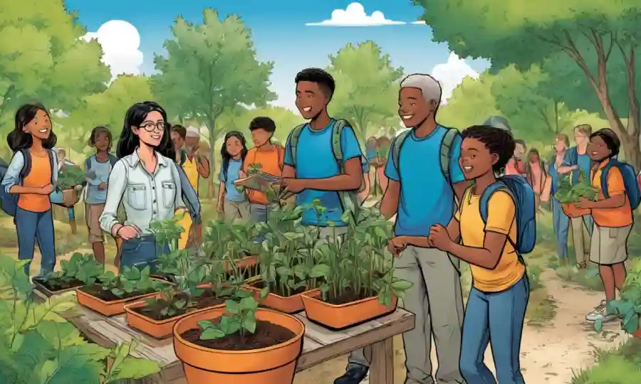 Un grupo diverso de estudiantes se dedicaron a actividades ambientales al aire libre con maestros y plantas.