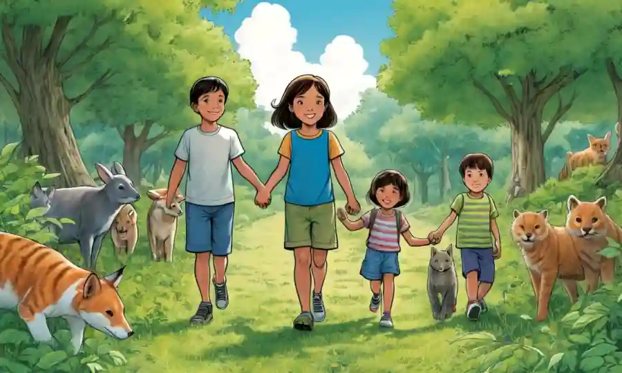 Niños amantes de la naturaleza rodeados de vegetación mientras sostienen las manos con animales amigos.