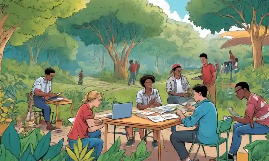 Grupo de personas que trabajan juntas al aire libre, rodeado de naturaleza, con materiales educativos o plantas.