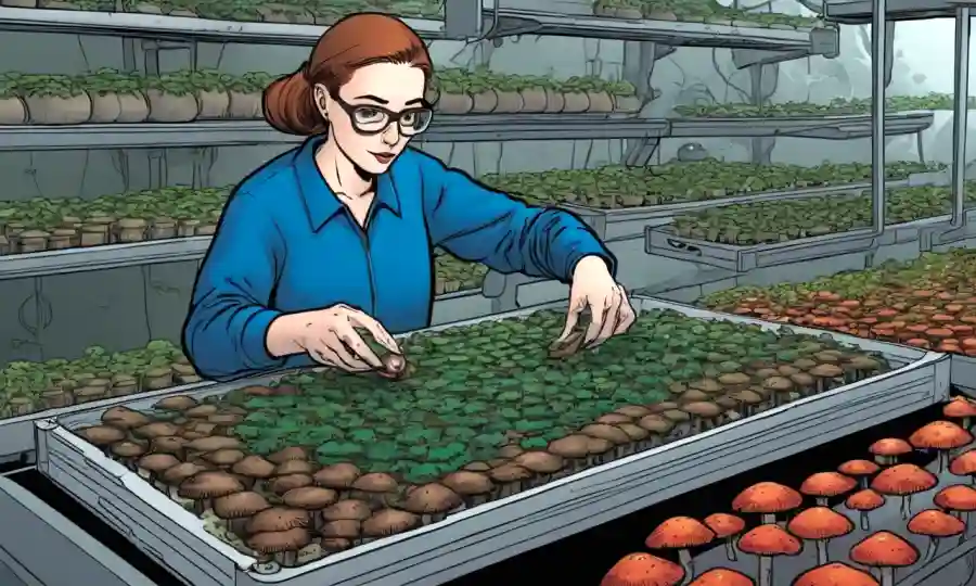 Una persona que cuida cuidadosamente una bandeja de cultivo de hongos en un ambiente controlado.