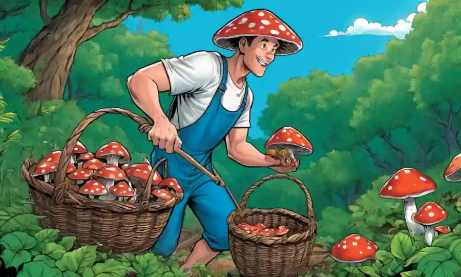 Persona cosechando hongos de una canasta rebosante rodeada de exuberante vegetación.