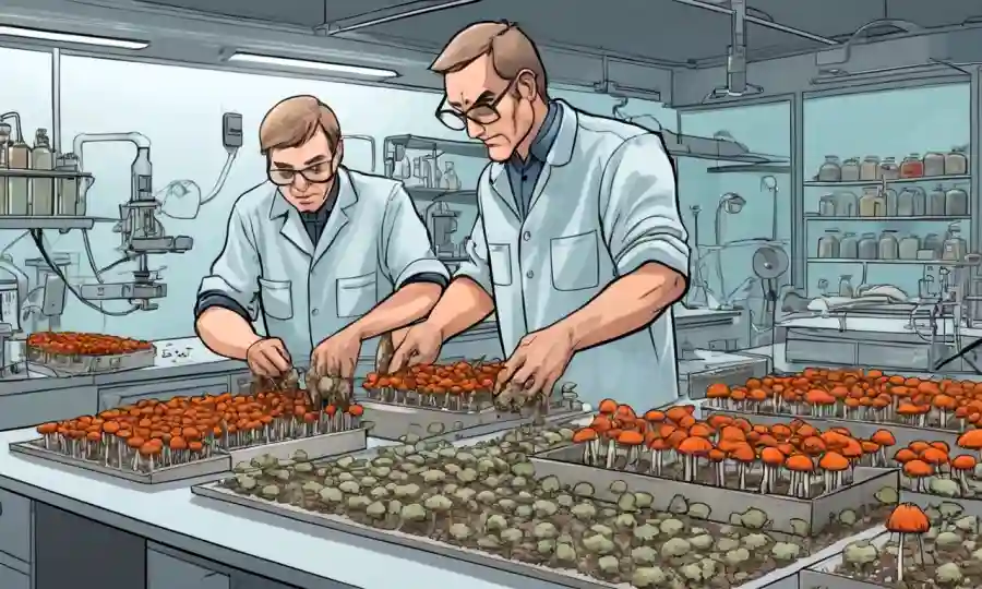Las manos de los agricultores tienden cuidadosamente a las culturas de hongos en un ambiente de laboratorio.
