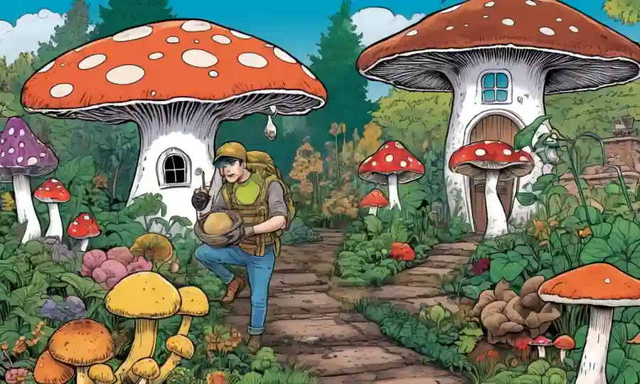 Una persona que tiene diferentes variedades de hongos en medio de un jardín casero.