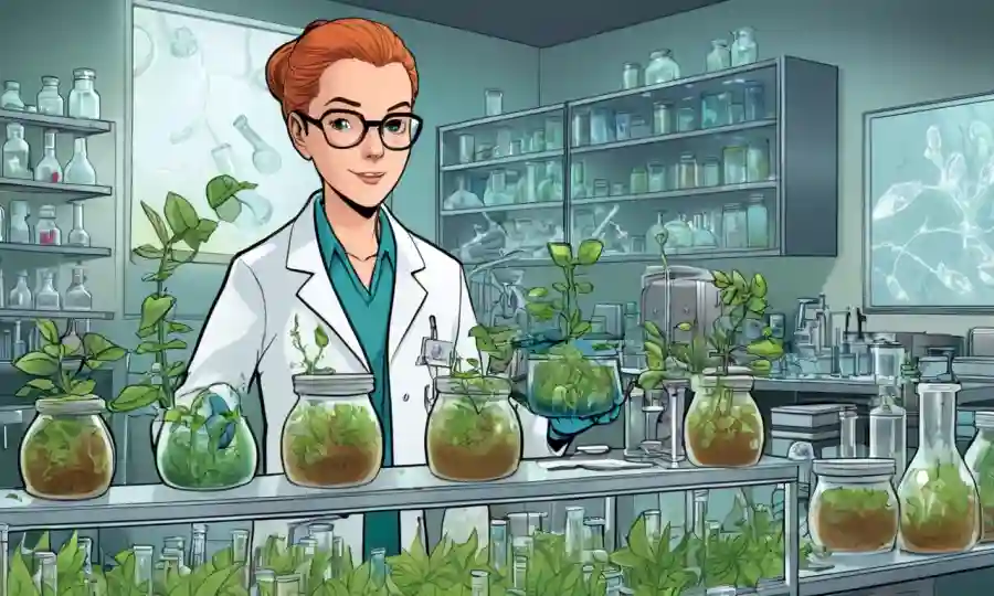 El científico posee especímenes de plantas en un entorno de laboratorio rodeado de equipos y platos Petri.