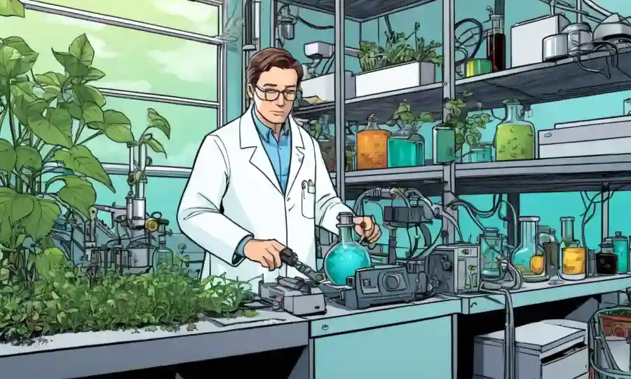 Científico trabajando en un laboratorio rodeado de plantas y equipos.