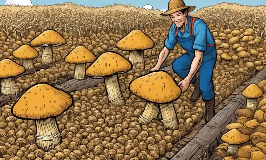 Farmer cultivando hongos en cáscaras de arroz.