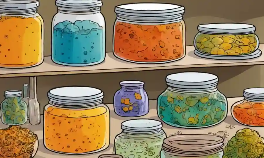 Cultivos de hongos coloridos en platos o tarros en un entorno de fermentación casero.
