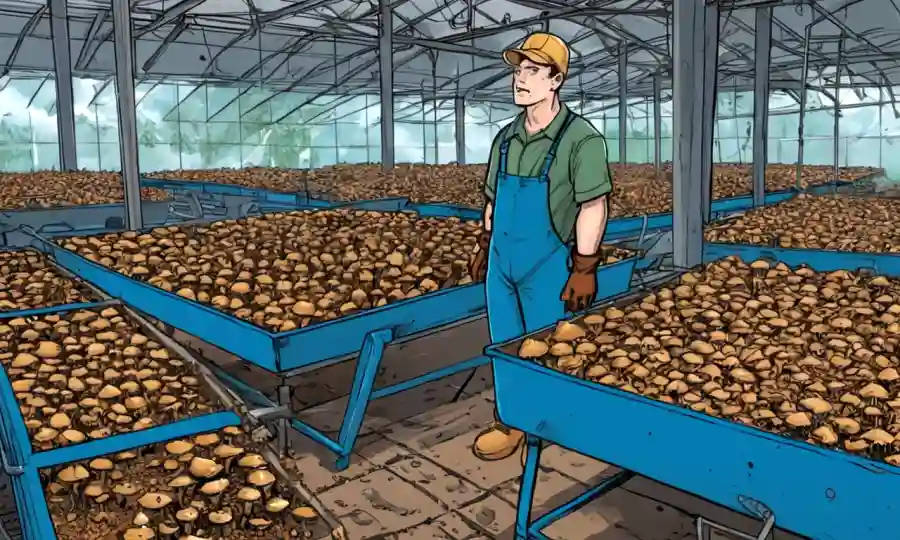 Alguien que lleva guantes se encuentra en medio de equipos de cultivo de hongos y suministros.