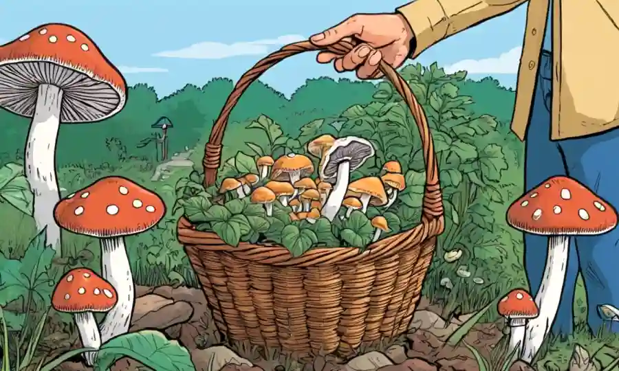 Una persona que sostiene una canasta de hongos creciendo en un jardín con una guía abierta.