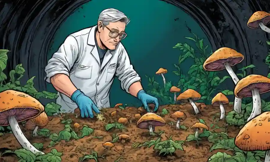 Fungi crop expert examining organic waste-based substrate.