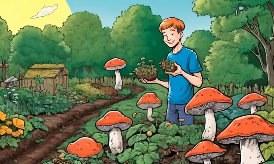 Una persona con hongos cultivados de residuos orgánicos junto a una parcela de jardín.