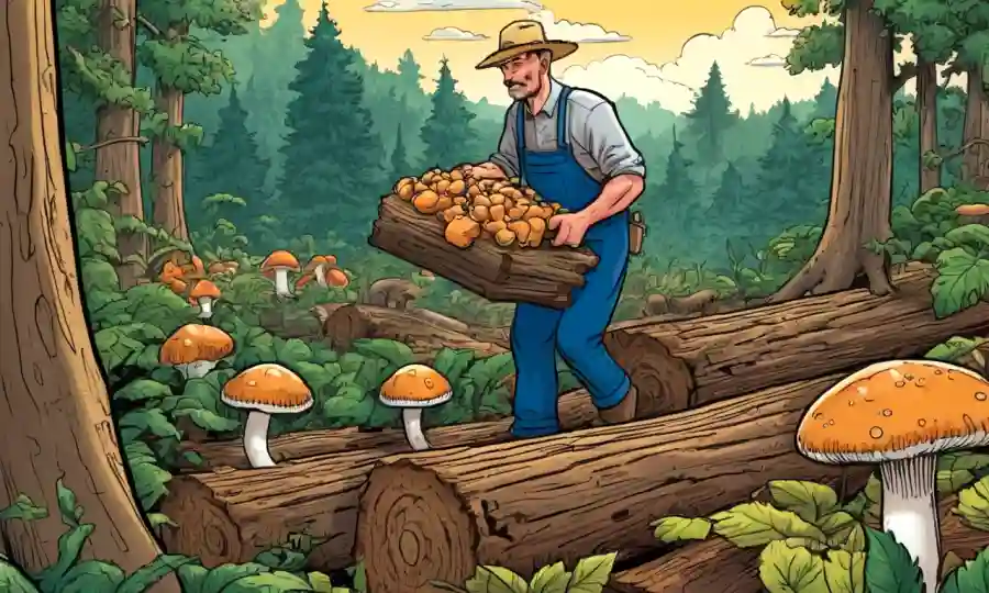 Un agricultor cosecha y ahorro de hongos cultivados creciendo en troncos de madera en un exuberante entorno forestal.