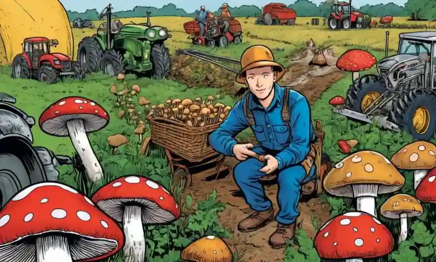 A person holding various types of hongos surrounded by agricultural equipment.