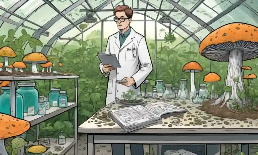 Una persona en un laboratorio o invernadero rodeada de hongos, con gráficos y notas sobre el cultivo sostenible.