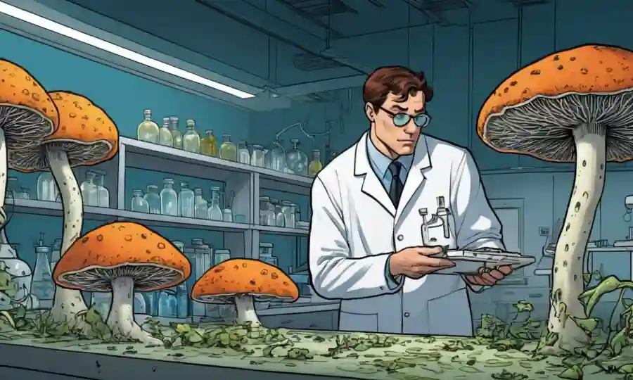 Científico que examina el crecimiento de hongos en un ambiente de laboratorio controlado.
