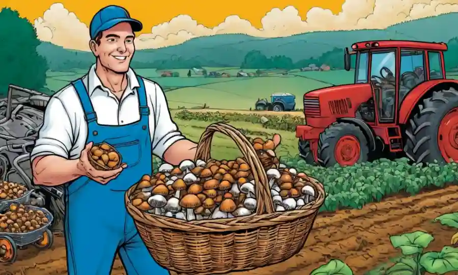 Trabajador agrícola con una canasta de hongos en medio de un fondo de equipo agrícola.