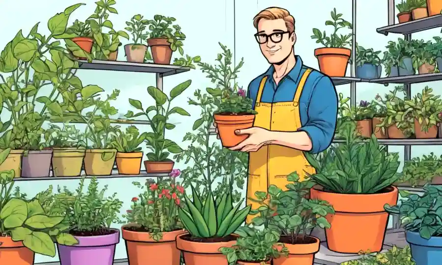 Un jardinero que sostiene una pequeña planta en macetas rodeada de otras plantas en contenedores.