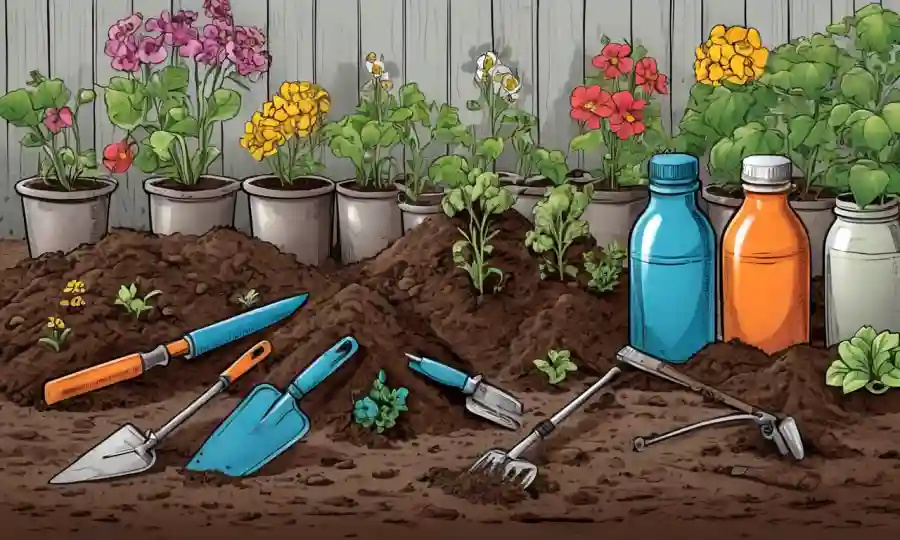Botellas de diferentes tamaños y suelo con diversas herramientas para la jardinería urbana.