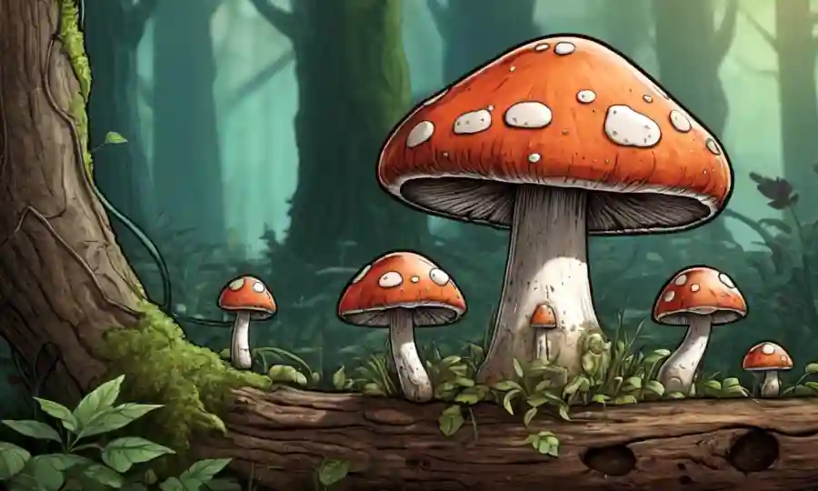 Mushroom creciendo en un tronco de árbol, rodeado de materia orgánica.