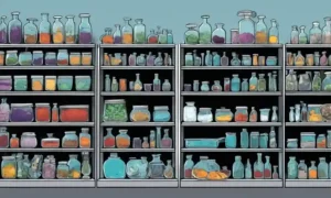 Equipo de laboratorio y cultivos de hongos en estantes.