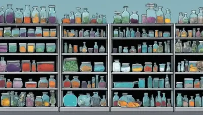 Equipo de laboratorio y cultivos de hongos en estantes.