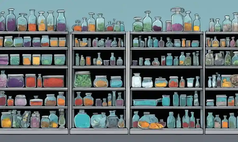 Equipo de laboratorio y cultivos de hongos en estantes.
