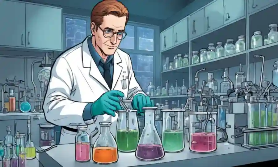 Científico realizando experimentos en un laboratorio con culturas y equipos miceliales.