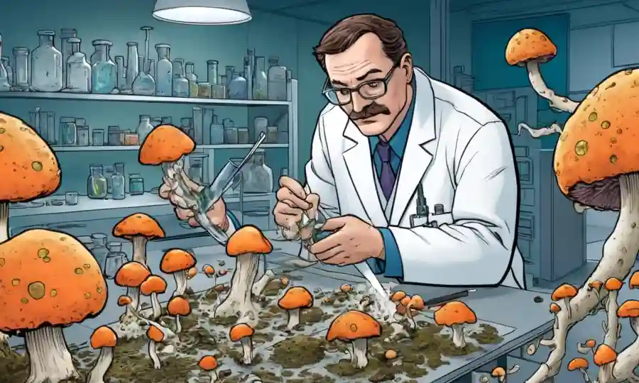 Científico examinando diferentes tipos de crecimiento de hongos en varios sustratos en un entorno de laboratorio.