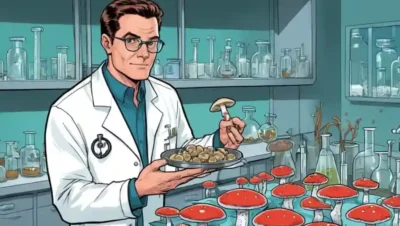 Científico en un abrigo de laboratorio que sostiene un plato de petri con hongos en medio de diversos equipos de laboratorio.