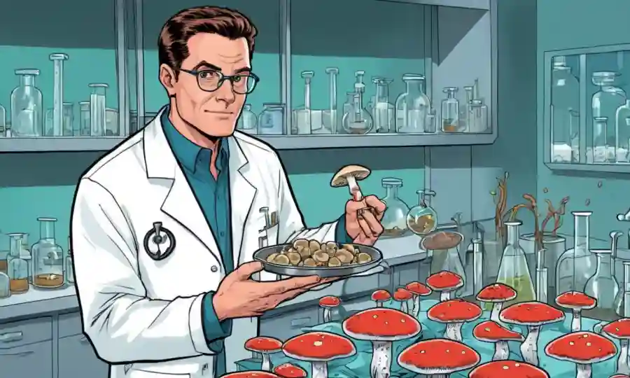 Científico en un abrigo de laboratorio que sostiene un plato de petri con hongos en medio de diversos equipos de laboratorio.