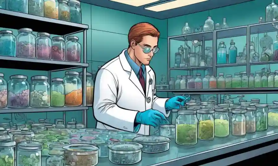 Un científico que trabaja en un ambiente de laboratorio estéril, rodeado de platos Petri que contienen diversas culturas hongos.