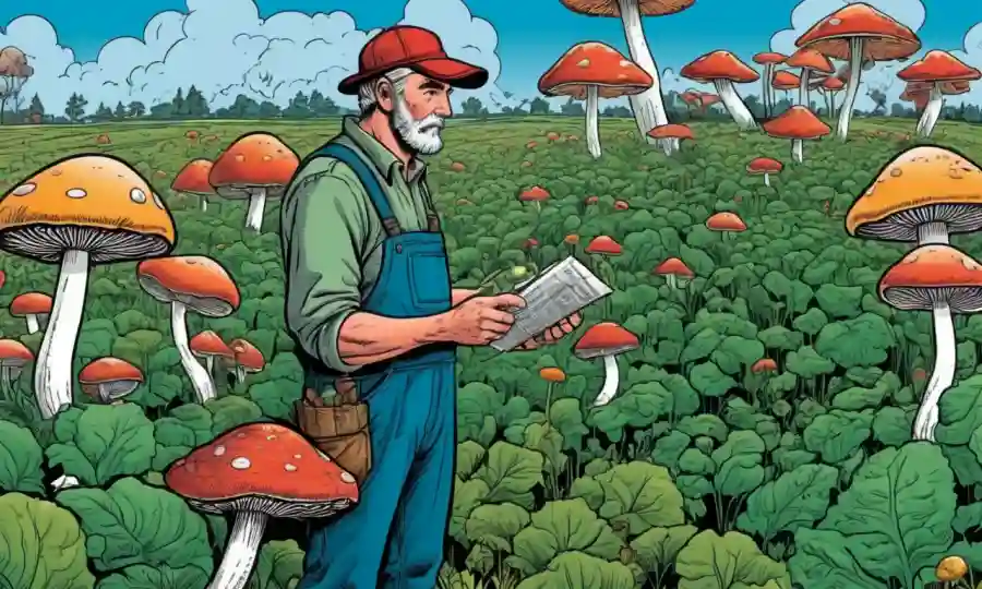 Un agricultor inspecciona un cultivo de hongos en un campo con ejemplos de simbiosis ecológica.