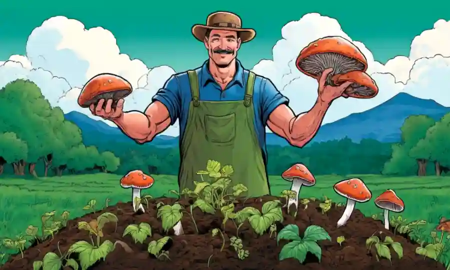 Farmer holding hongos con plantas verdes exuberantes y suelo en el fondo.