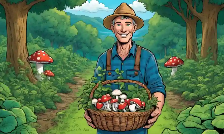 Agricultor sostiene una canasta de hongos en medio de plantas verdes exuberantes en un entorno agrícola sostenible.