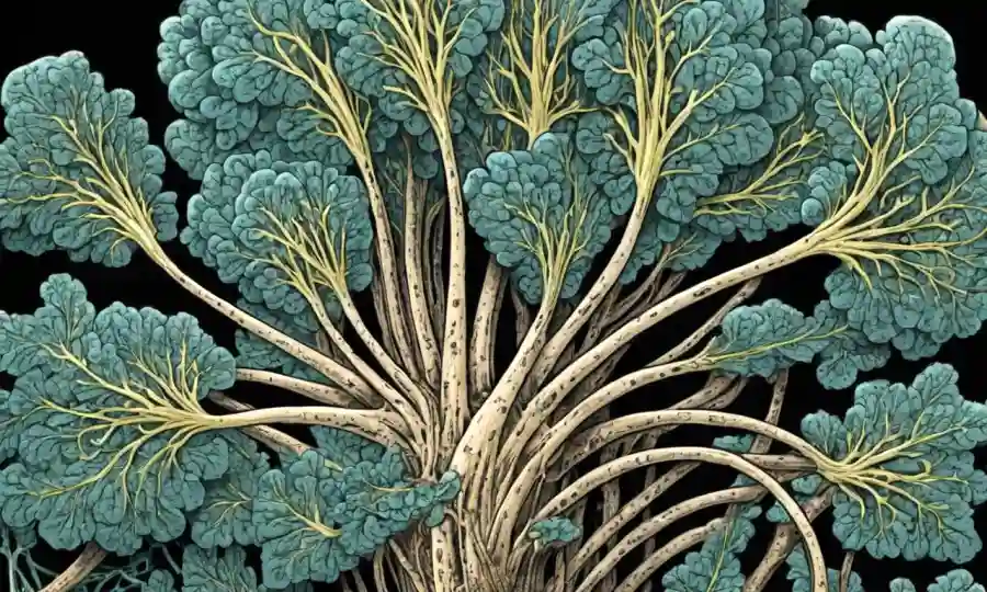 Cierre de una planta o cultivo con hifa de hongos entrelazado para una relación simbiótica.