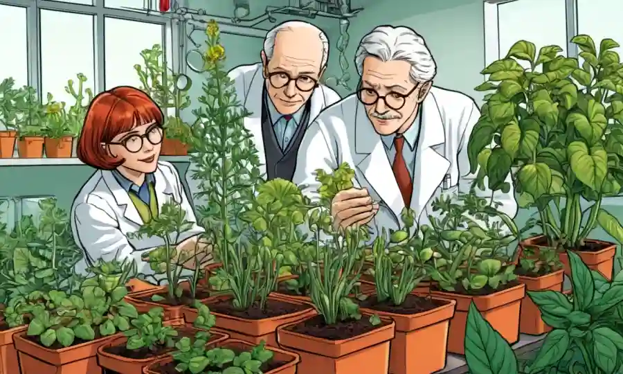Científicos que observan plantas cultivadas con diversas formas y tamaños.