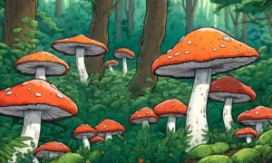 Fungi creciendo en árboles en medio de un exuberante paisaje forestal verde.