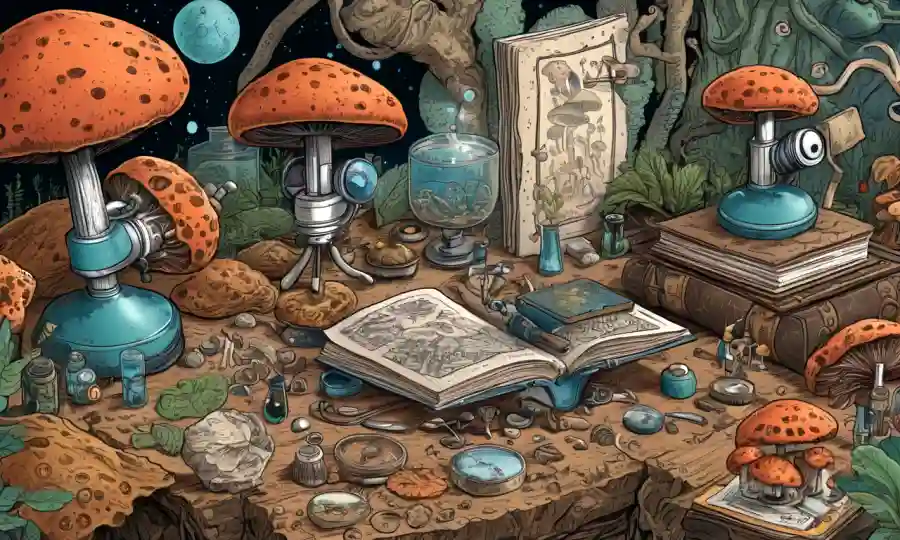 Ilustración de hongos rodeados de artefactos culturales y microscopio.