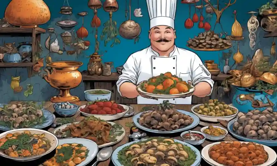 Un chef con varias especies de hongos, rodeado de platos tradicionales y elementos culturalmente simbólicos.
