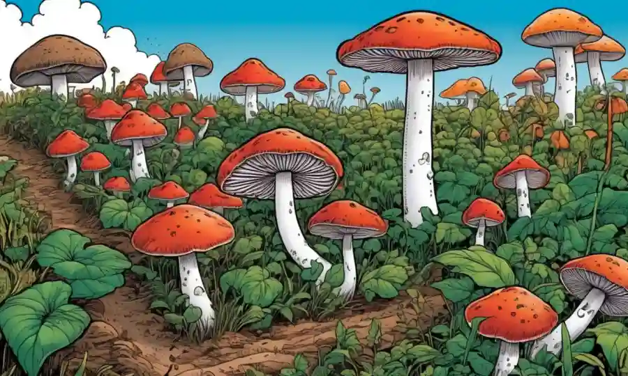 Mushrooms growing among crops, highlighting the connection between mycology and agriculture for sustainable agricultural practices.