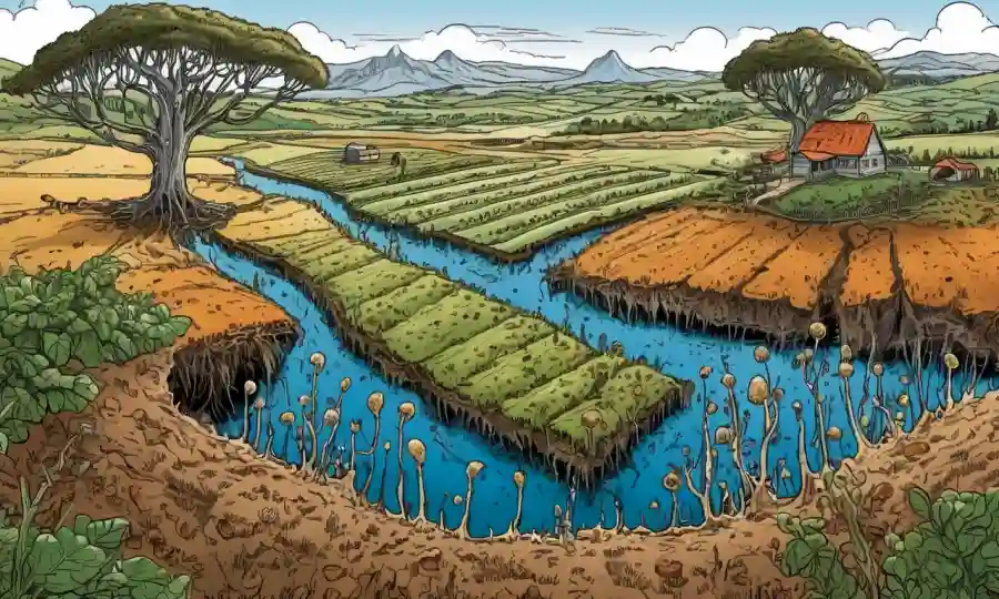 Ilustración científica de hongos micorrizales y paisaje agrícola.